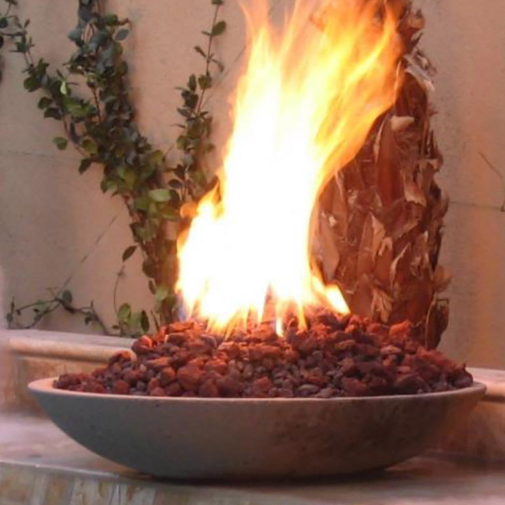 Match light fire bowl with visible flames, low profile gray bowl interior