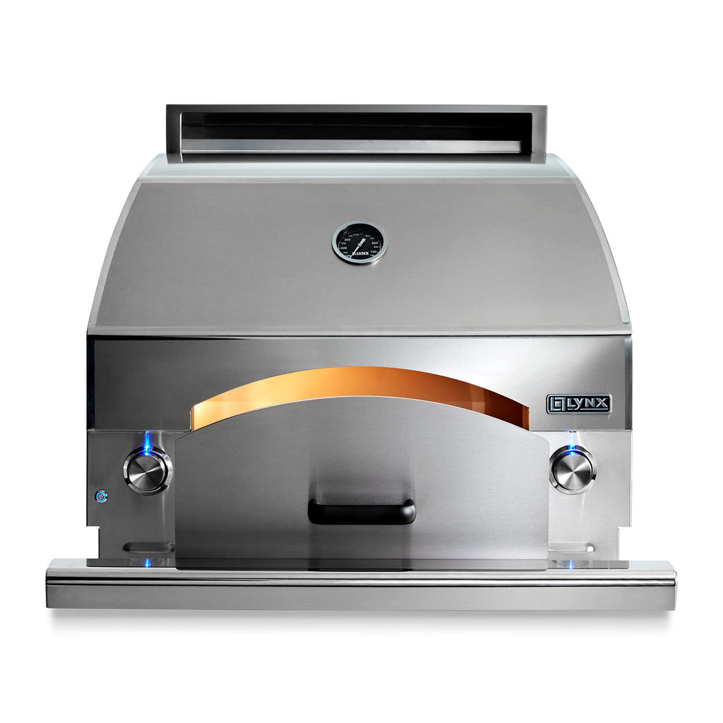 Stainless steel 30-inch built-in countertop pizza oven with open arch and control knobs