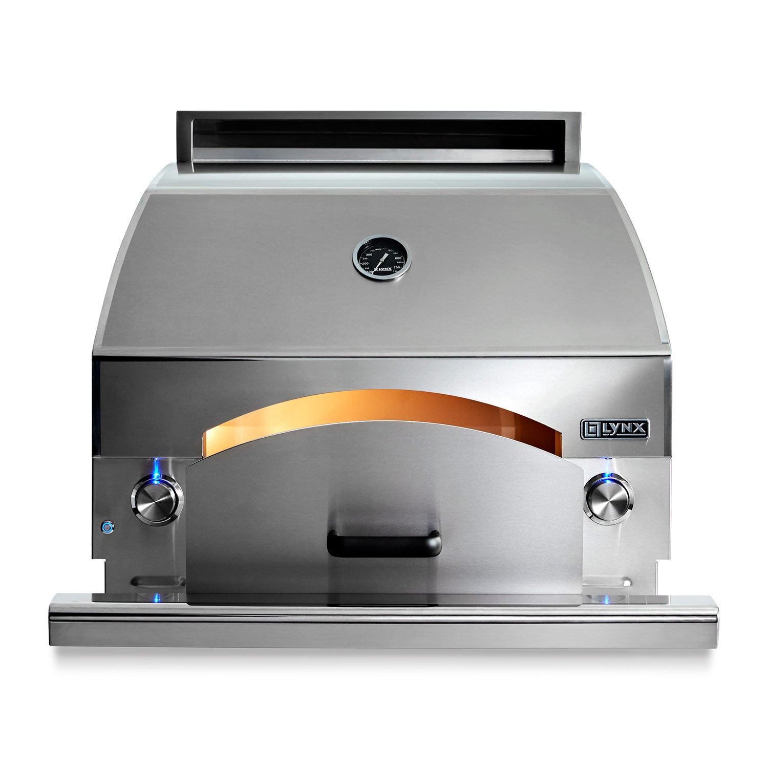 Stainless steel 30-inch built-in countertop pizza oven with open arch and control knobs
