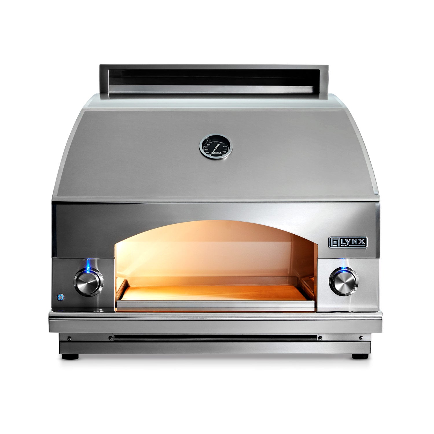 Stainless steel 30-inch pizza oven with open chamber and glowing interior floor