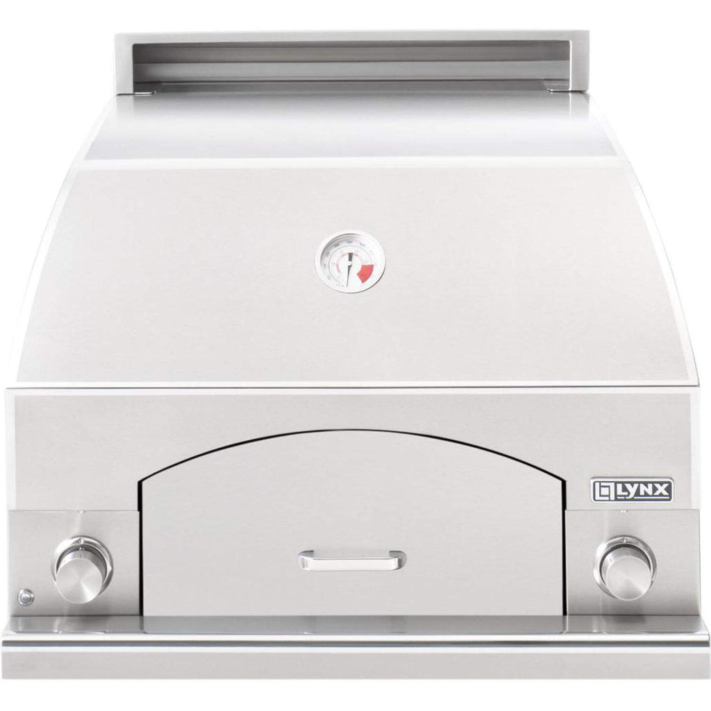White 30-inch pizza oven front with arched door, temperature gauge, and side control knobs