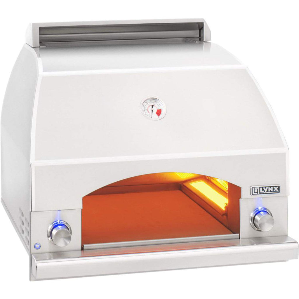 White 30-inch pizza oven with open chamber and bright yellow heating elements