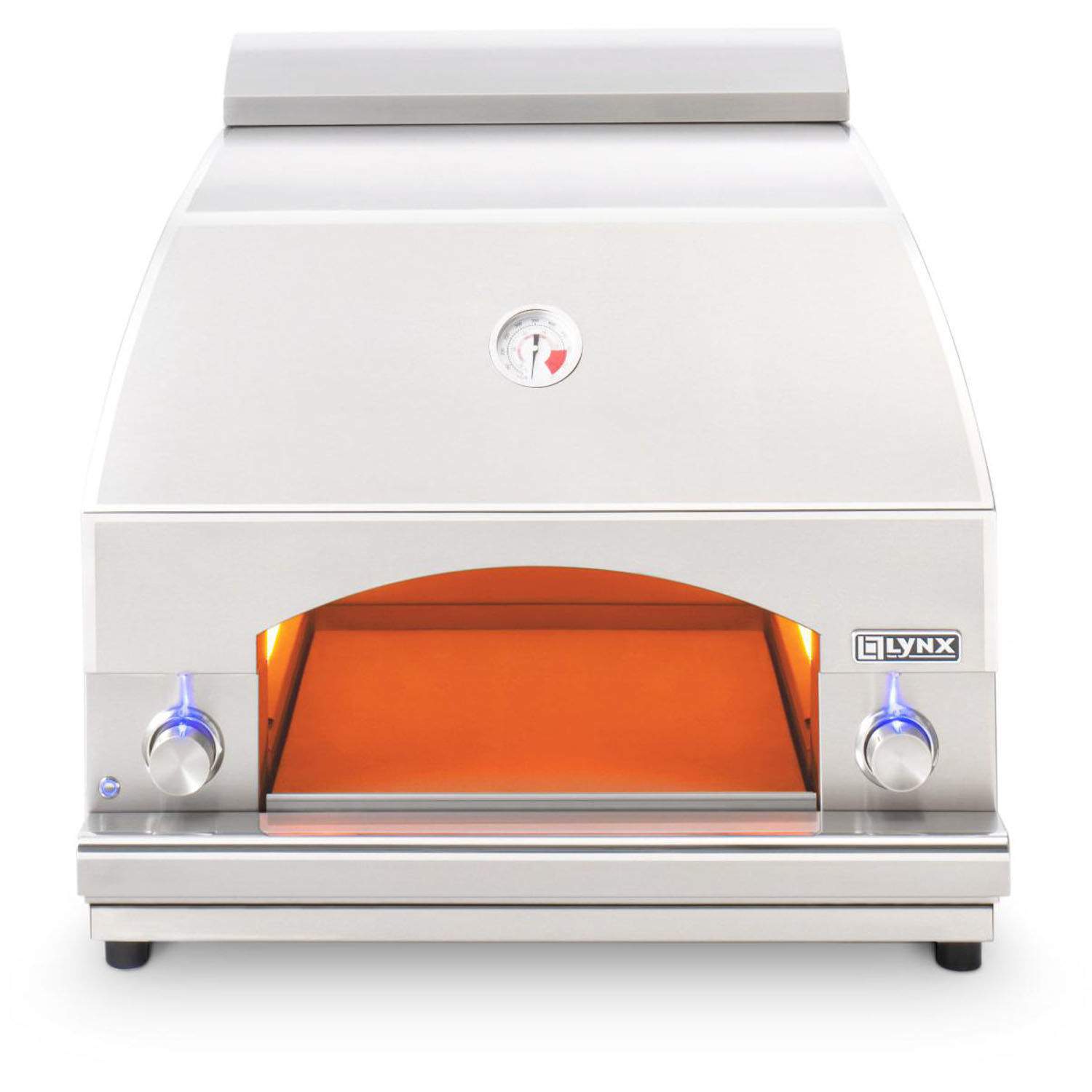 White 30-inch pizza oven with open chamber and orange heated interior