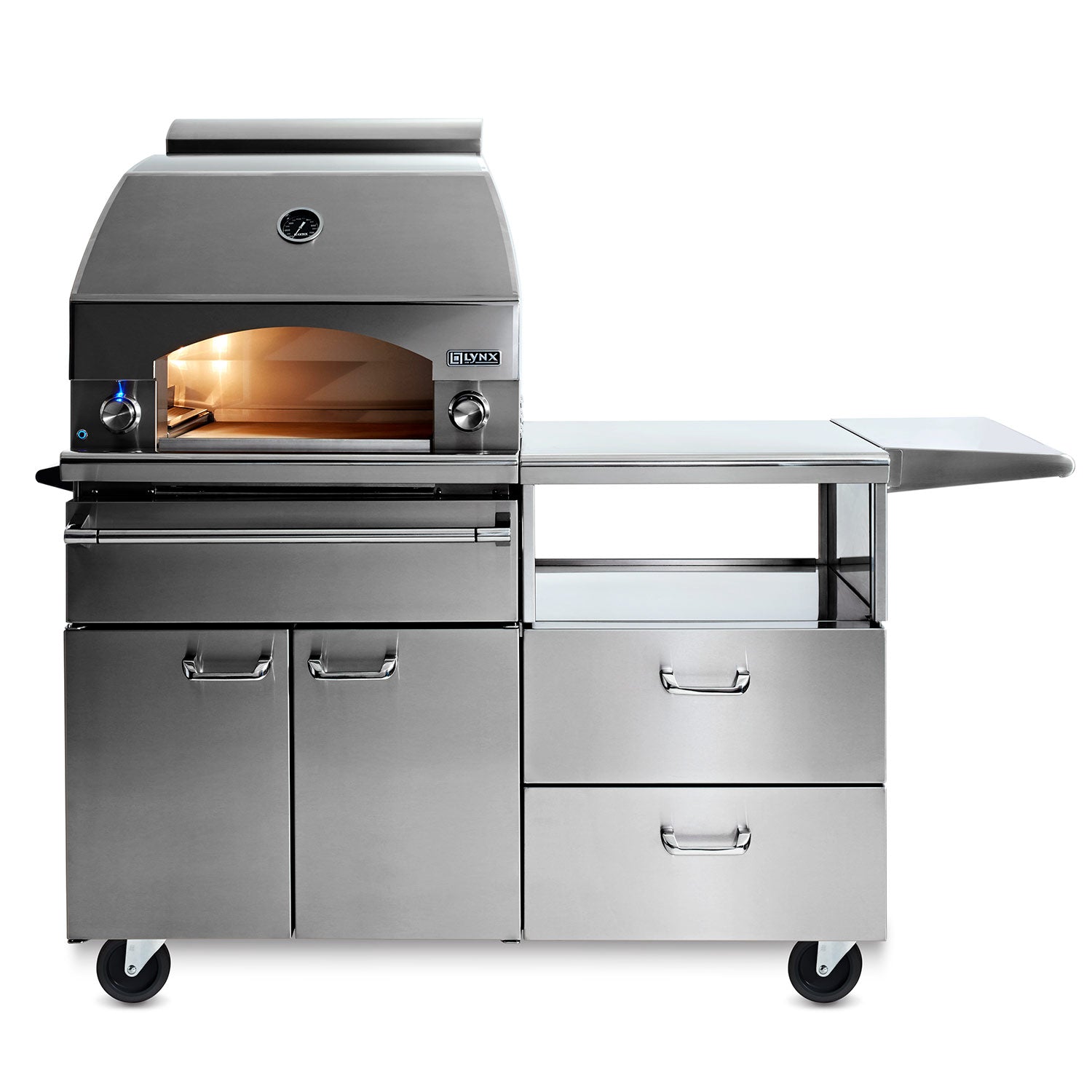 Lynx 54-inch pizza oven on cart with side prep table and storage drawers