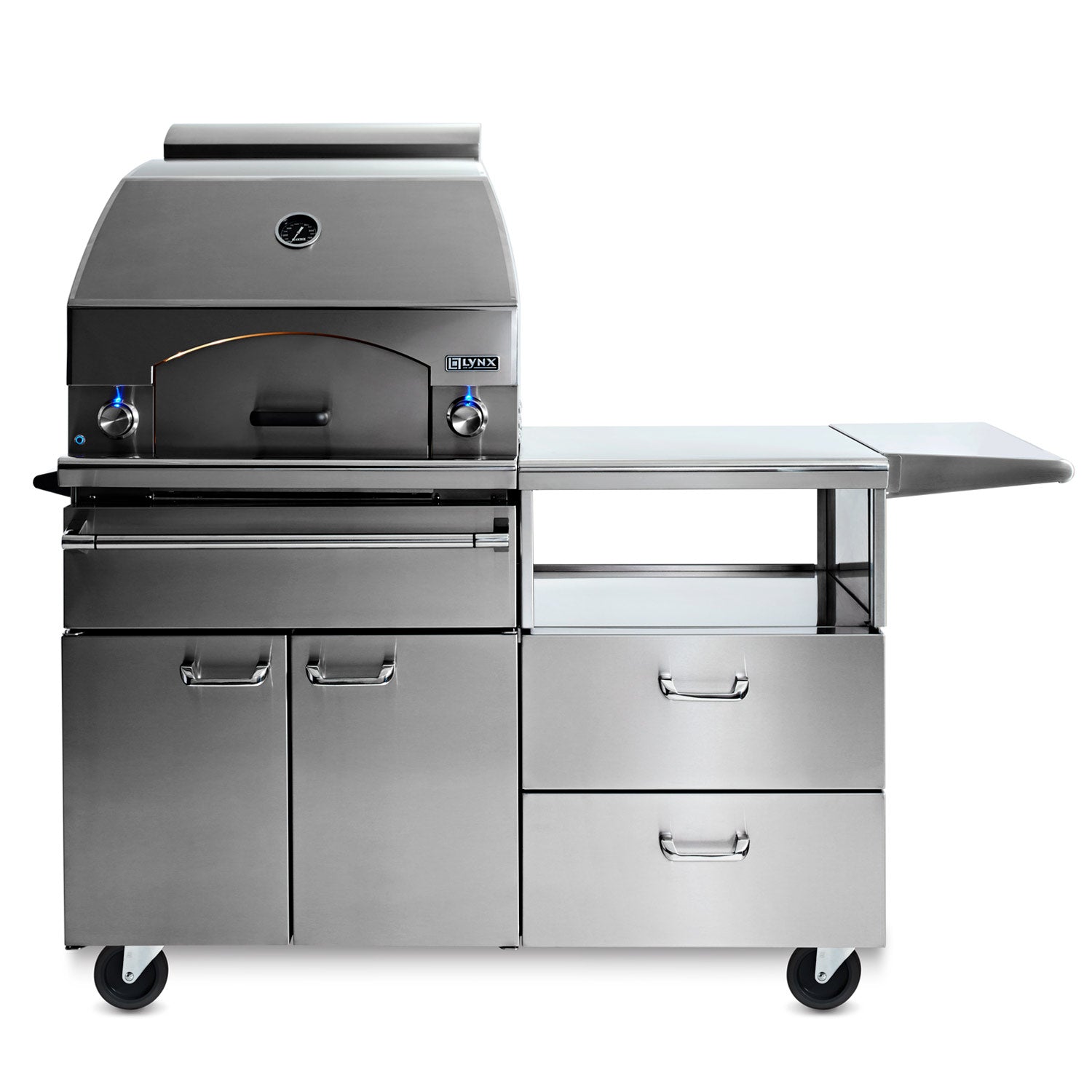 Lynx pizza oven and cart with open arched baking chamber and side prep table