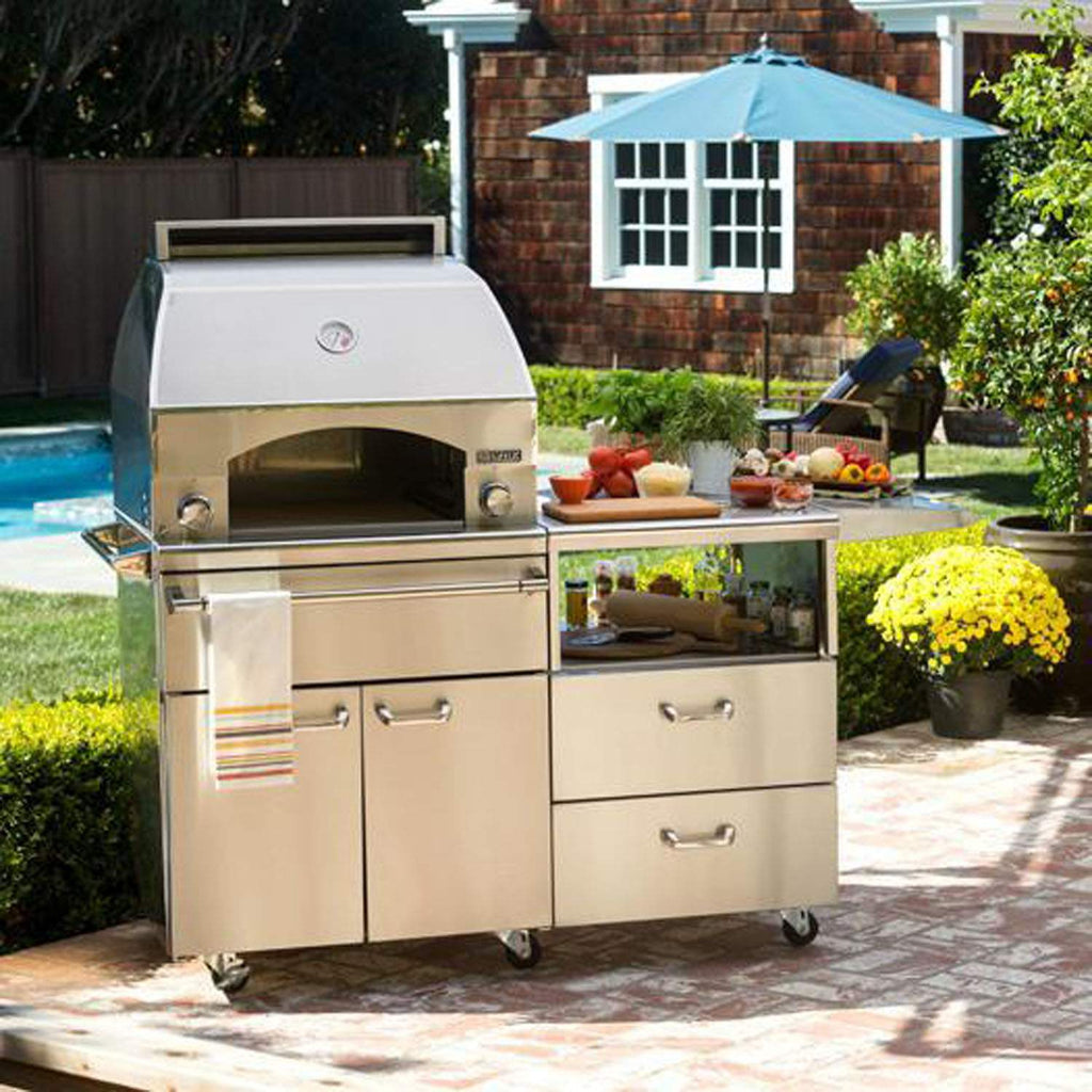 Lynx pizza oven cart with white oven hood, twin cabinet doors, and prep shelf