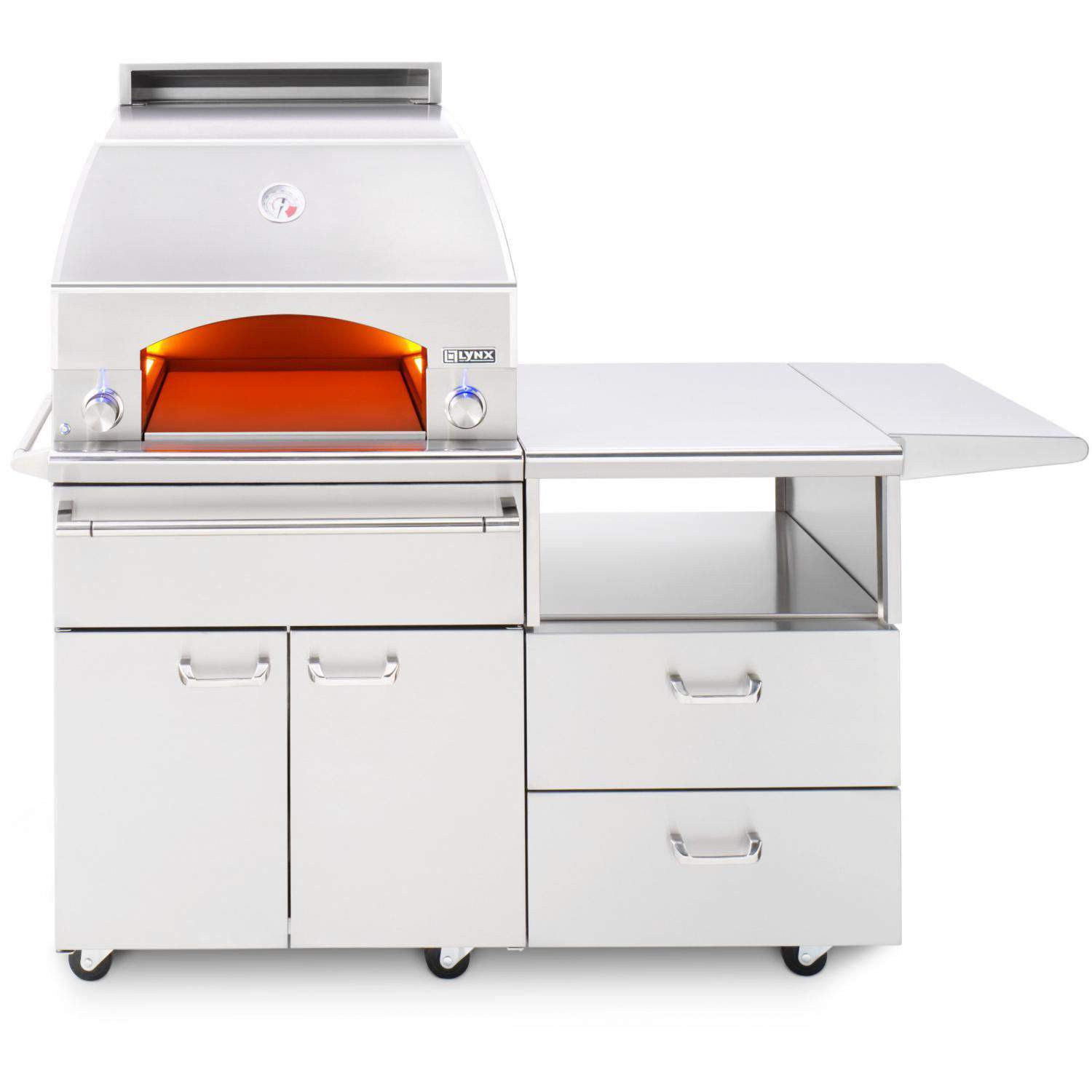 White Lynx 54-inch pizza oven and cart with side prep table and glowing chamber