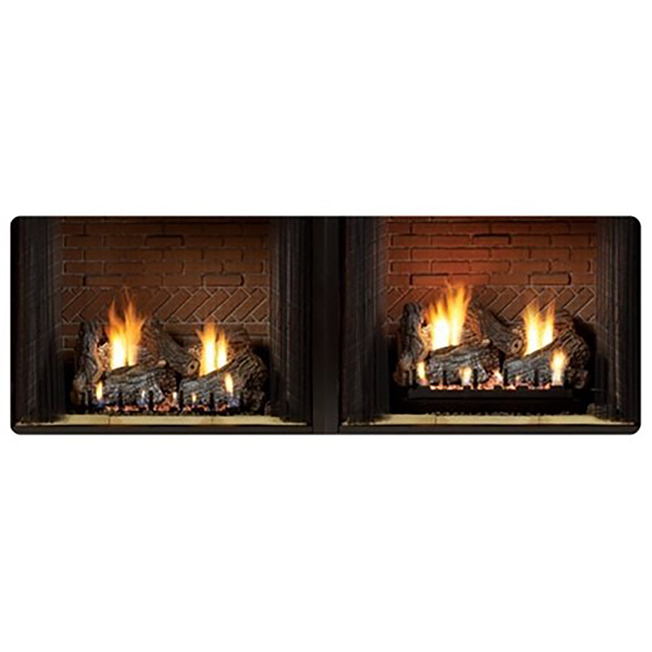 Fireplace log burner insert with black surround and glowing flames over log bed
