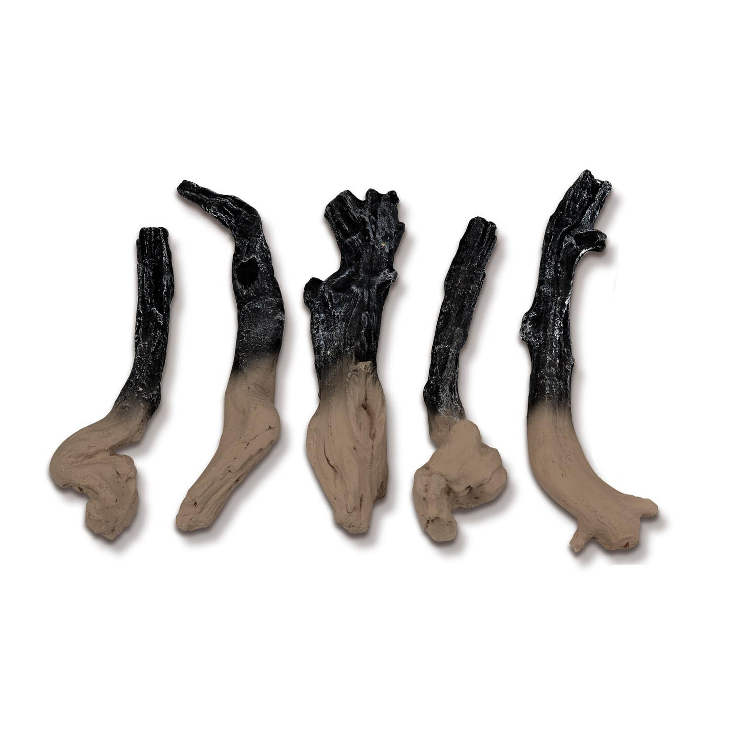Five-piece large electric fireplace log set with dark charcoal logs and tan ends