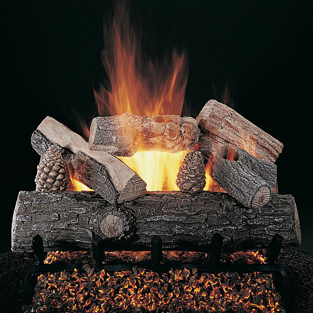 Gas fire logs set with stacked wood pieces and visible flames and embers
