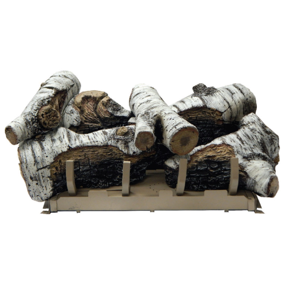 White birch gas logs on metal grate with ember base