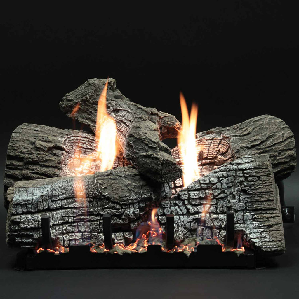Refractory stacked fireplace log set with burning flames and embers