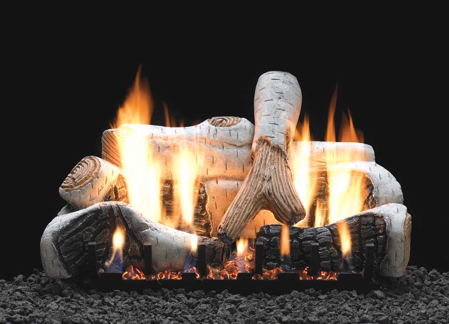 Ceramic fiber birch gas logs with glowing flames