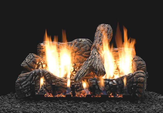 Charred oak-style gas logs with open flames, ceramic fiber log set