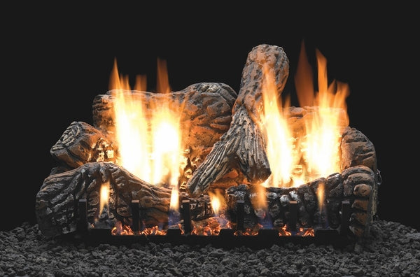 Ceramic fiber log set with glowing flames, dark gray textured logs