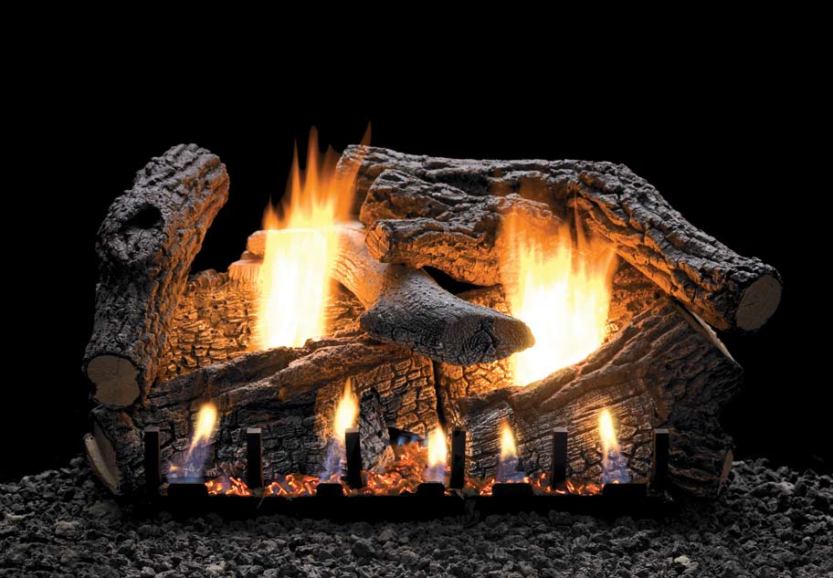 Refractory gas log set with burning sassafras logs and glowing flames
