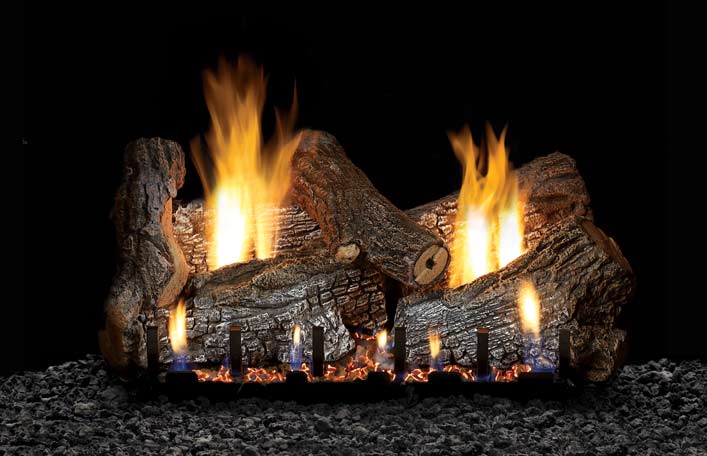 Refractory gas log set with glowing embers and multiple flames