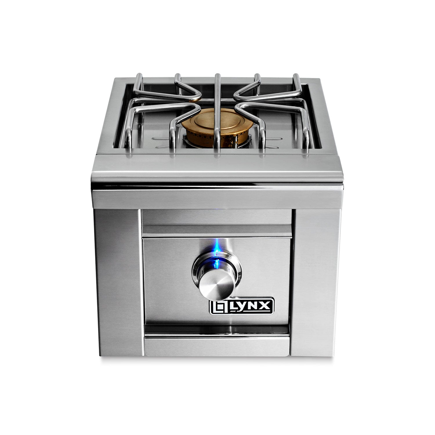 Stainless steel built-in single side burner with control knob and LYNX logo