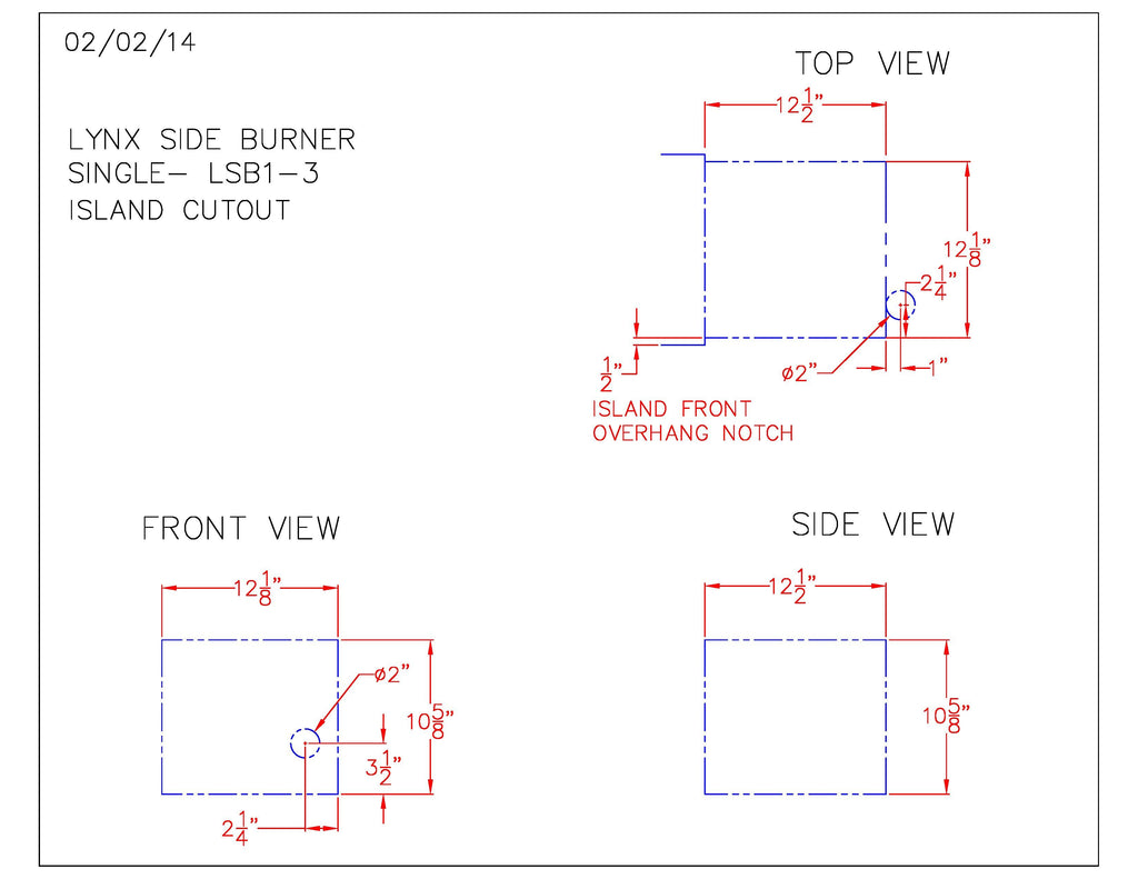 Technical diagram of single side burner island cutout and front/side measurements
