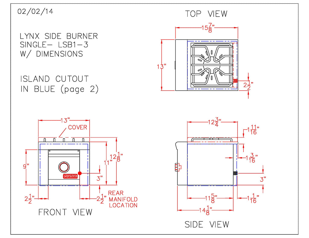 Technical diagram of single side burner cutout and installation dimensions