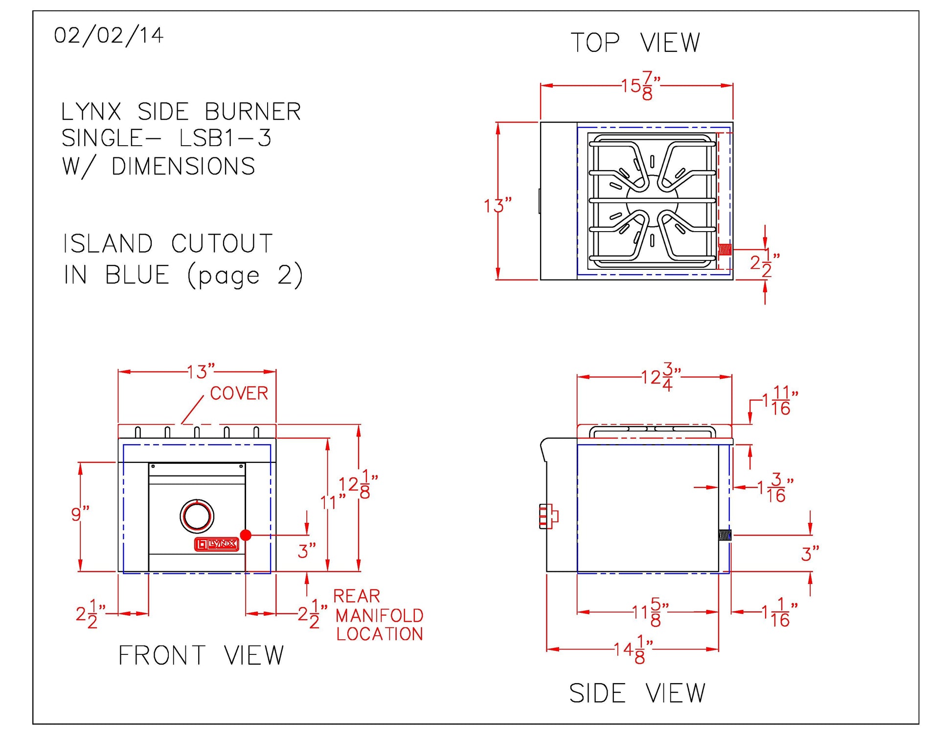 Technical diagram of single side burner cutout and installation dimensions