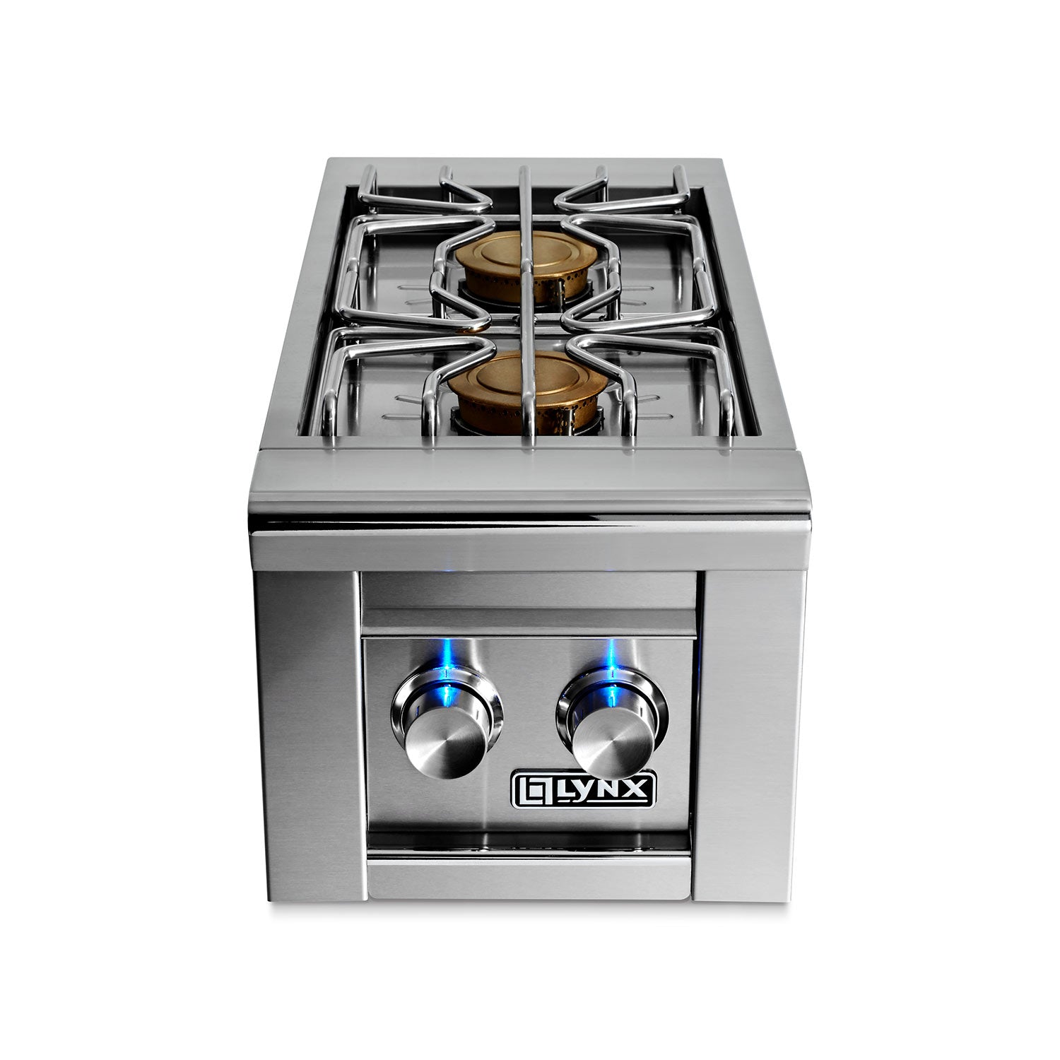 Freestanding double side burner with two burners and lit blue flames