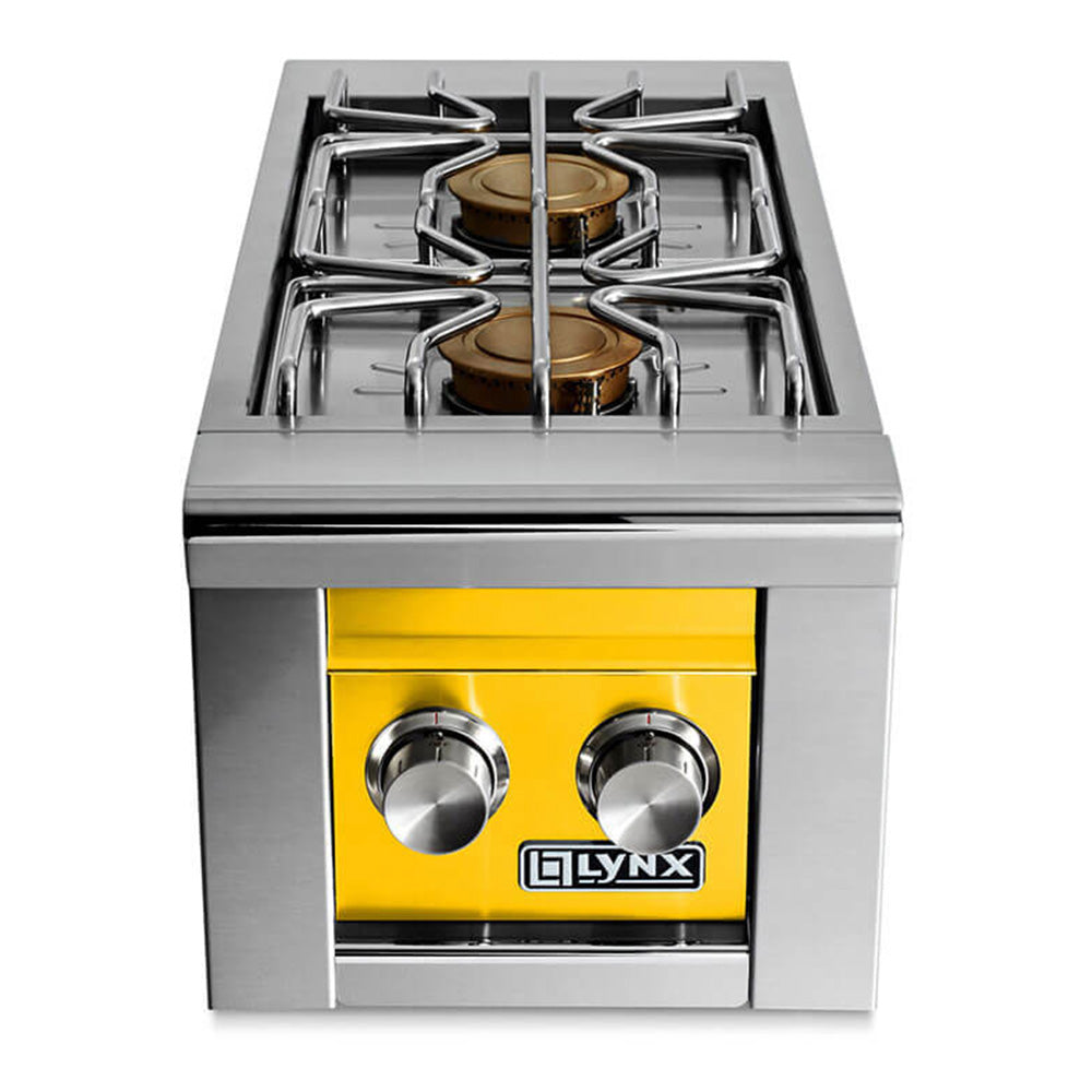 Stainless built-in double side burner with yellow control panel and two control knobs