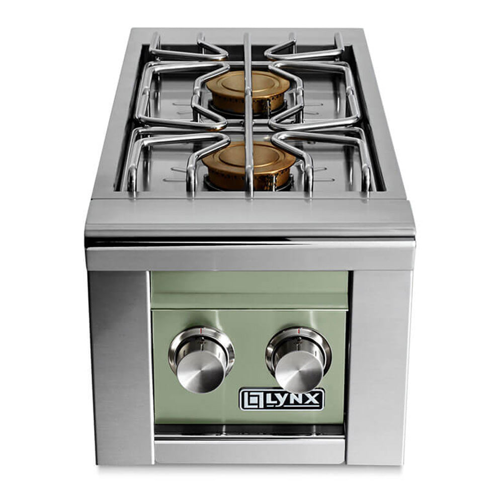 Stainless built-in double side burner with green control panel and two control knobs