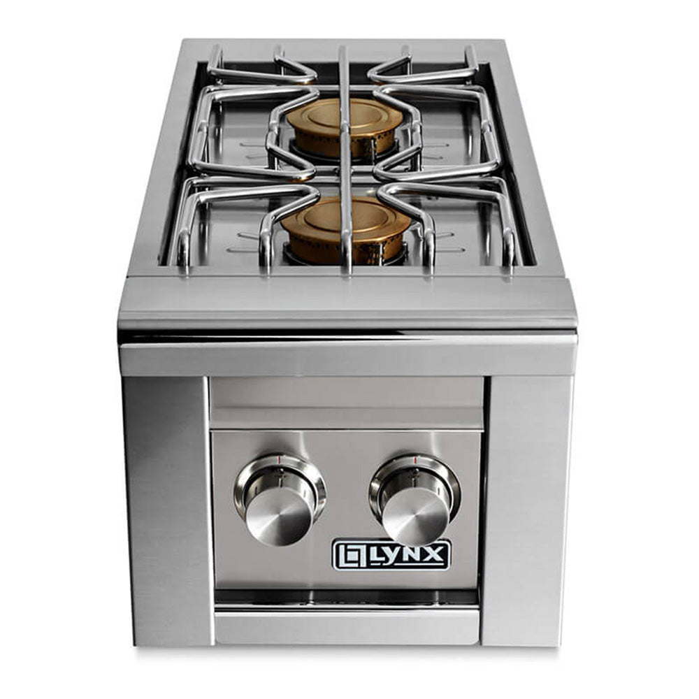 Stainless built-in double side burner with light gray control panel and two control knobs