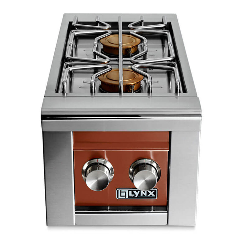 Built-in gas double side burner with stainless steel body, two knobs, orange front panel