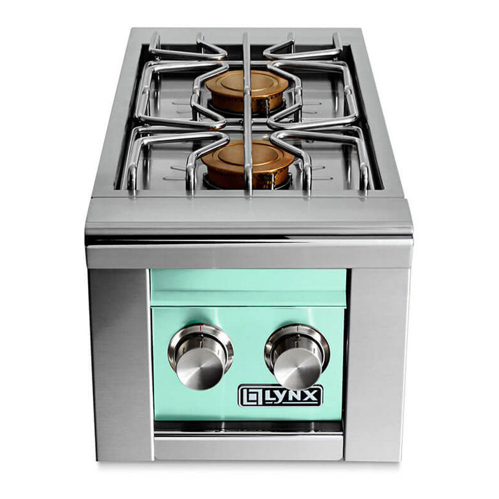 Built-in gas double side burner with stainless steel body, two knobs, green front panel