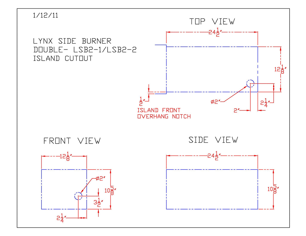 Cutout and dimension diagram for a built-in double side burner with front and side views