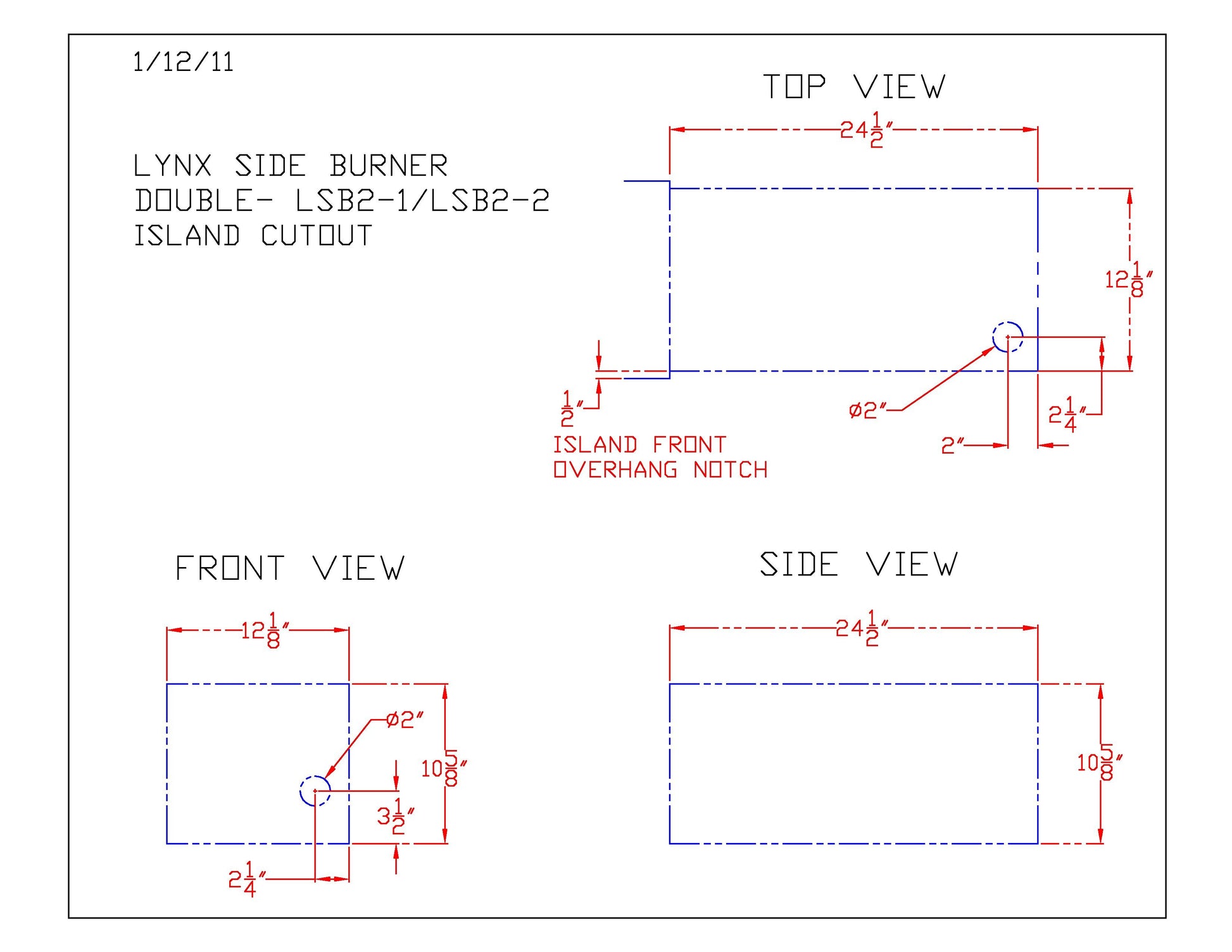 Cutout and dimension diagram for a built-in double side burner with front and side views
