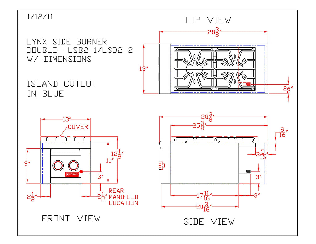 Dimension drawing for a built-in double side burner with top, front, and side views
