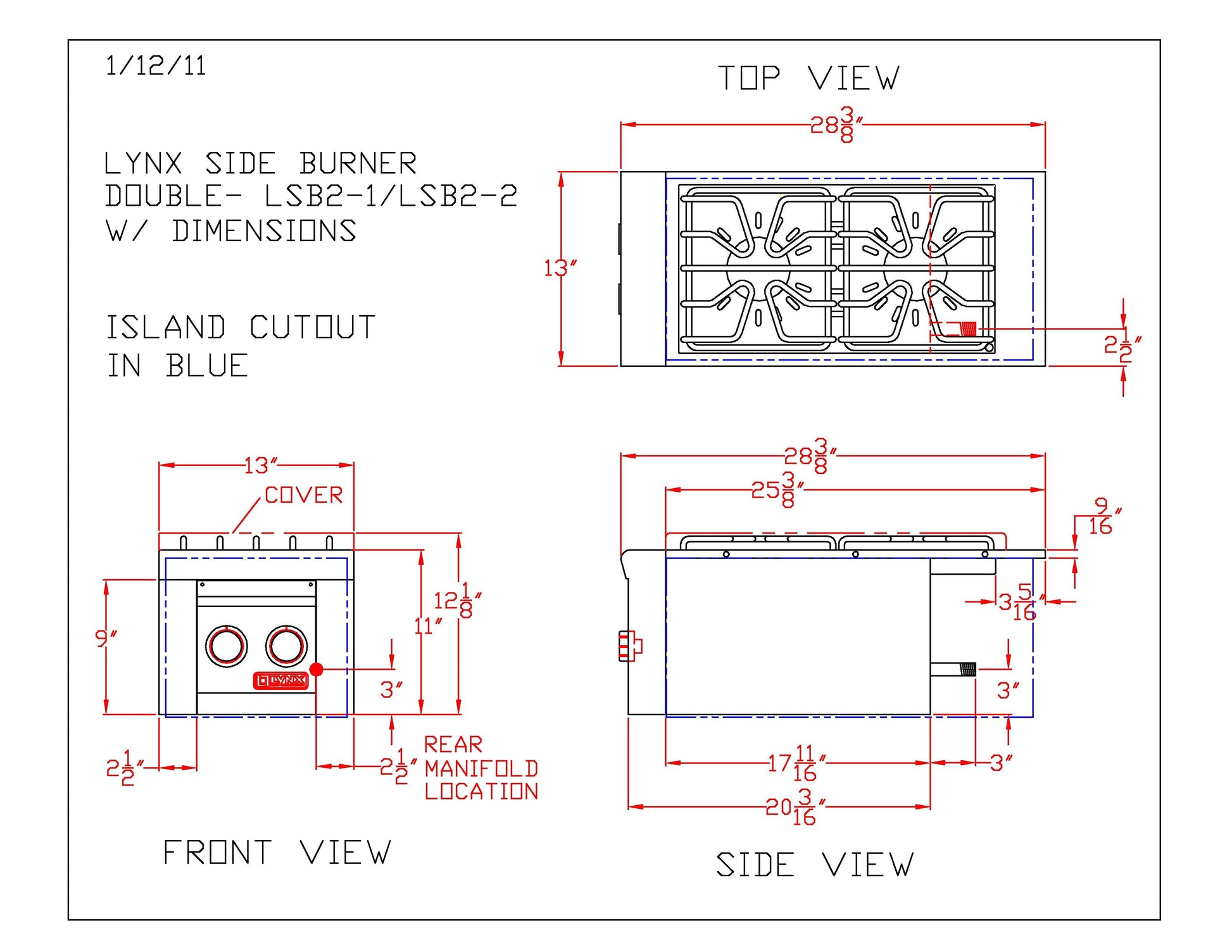 Dimension drawing for a built-in double side burner with top, front, and side views