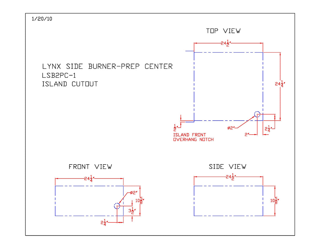 Side burner-prep center dimension diagram with front and side view measurements