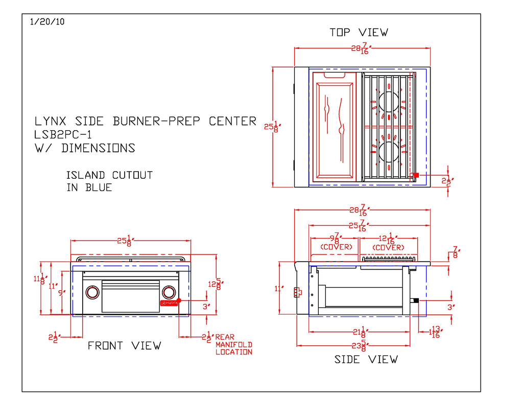 Side burner-prep center layout and dimension diagram with island cutout measurements