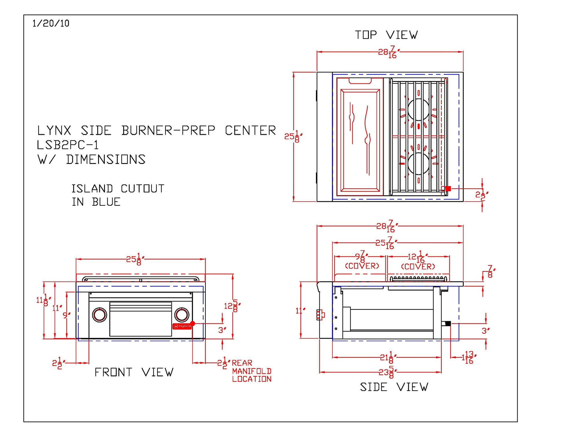 Side burner-prep center layout and dimension diagram with island cutout measurements