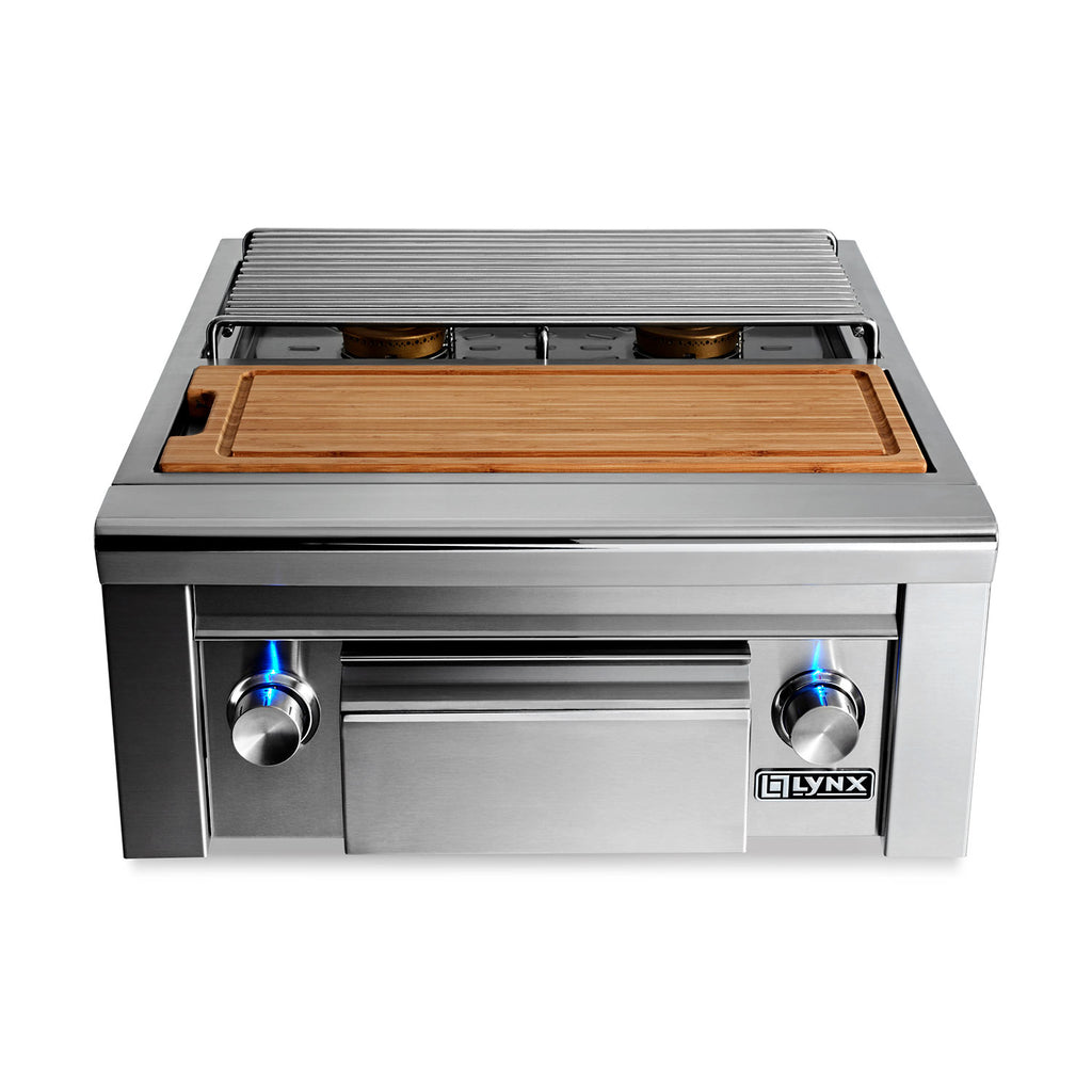 Built-in double side burner with stainless prep center and wood cutting board