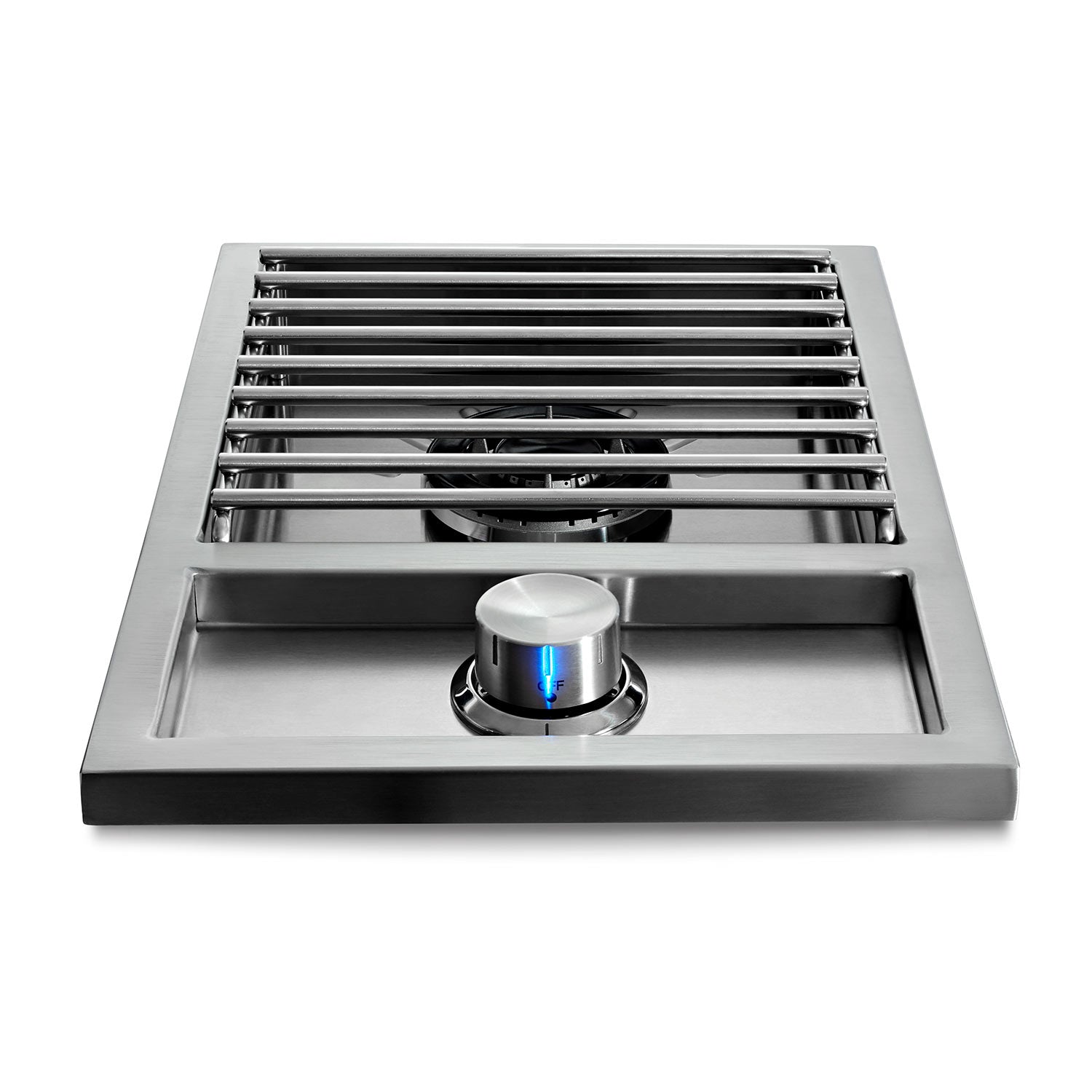 Single side burner with stainless steel grate and lit blue flame ring
