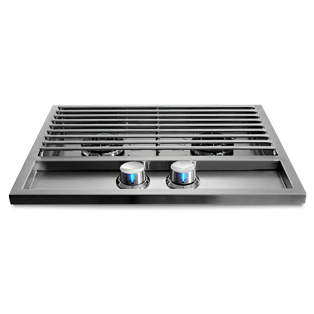 Double side burner with two stainless burners and control knobs