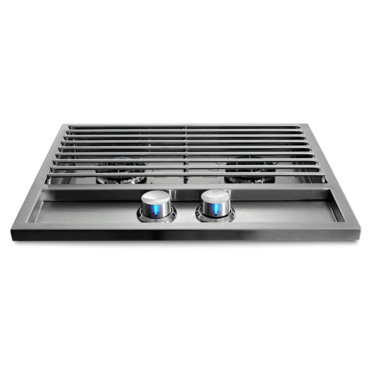 Double side burner with two stainless burners and control knobs