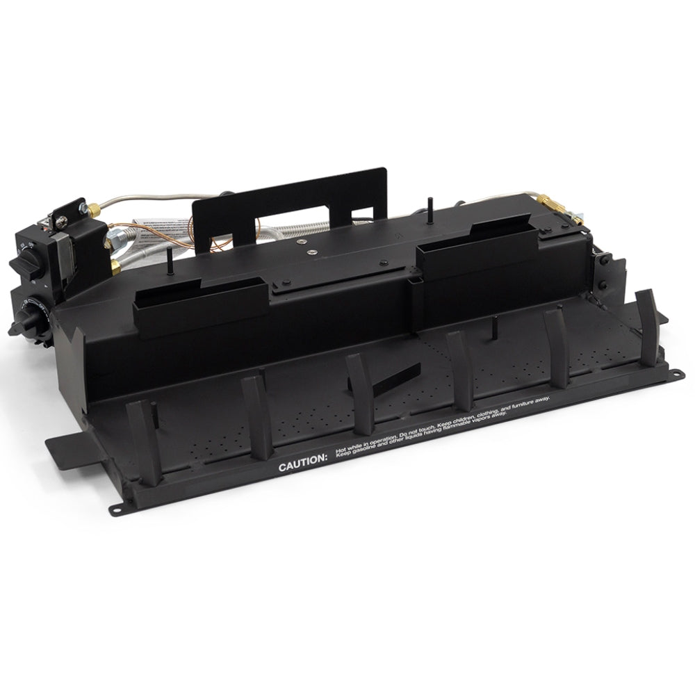 Ventless gas log burner base with black metal housing and ignition wiring
