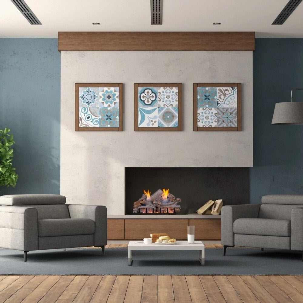 Ventless gas log set in a dark fireplace surround with small burning logs