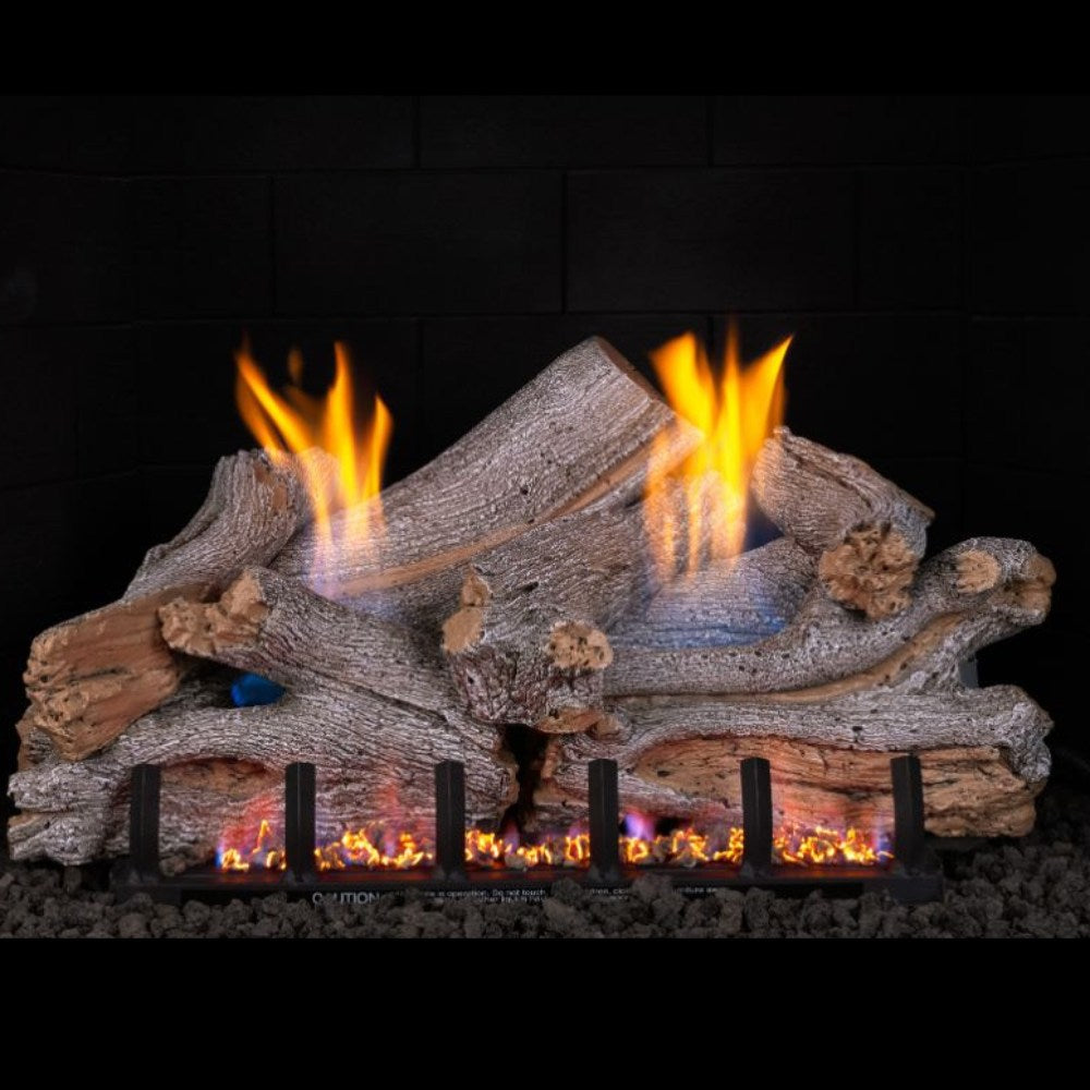 Ventless gas log set with gray logs and multiple open flames