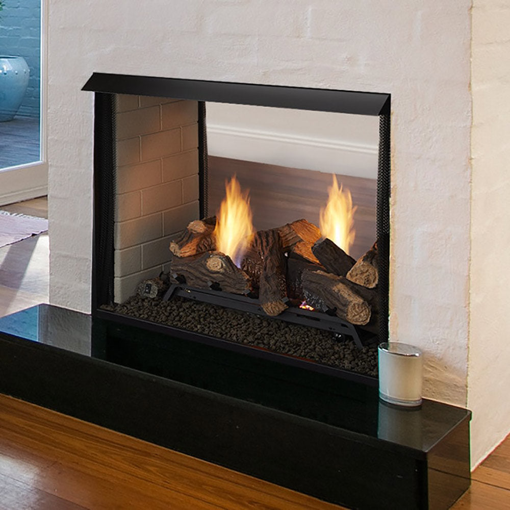 Vent-free fireplace firebox with glass front and burning gas log set inside