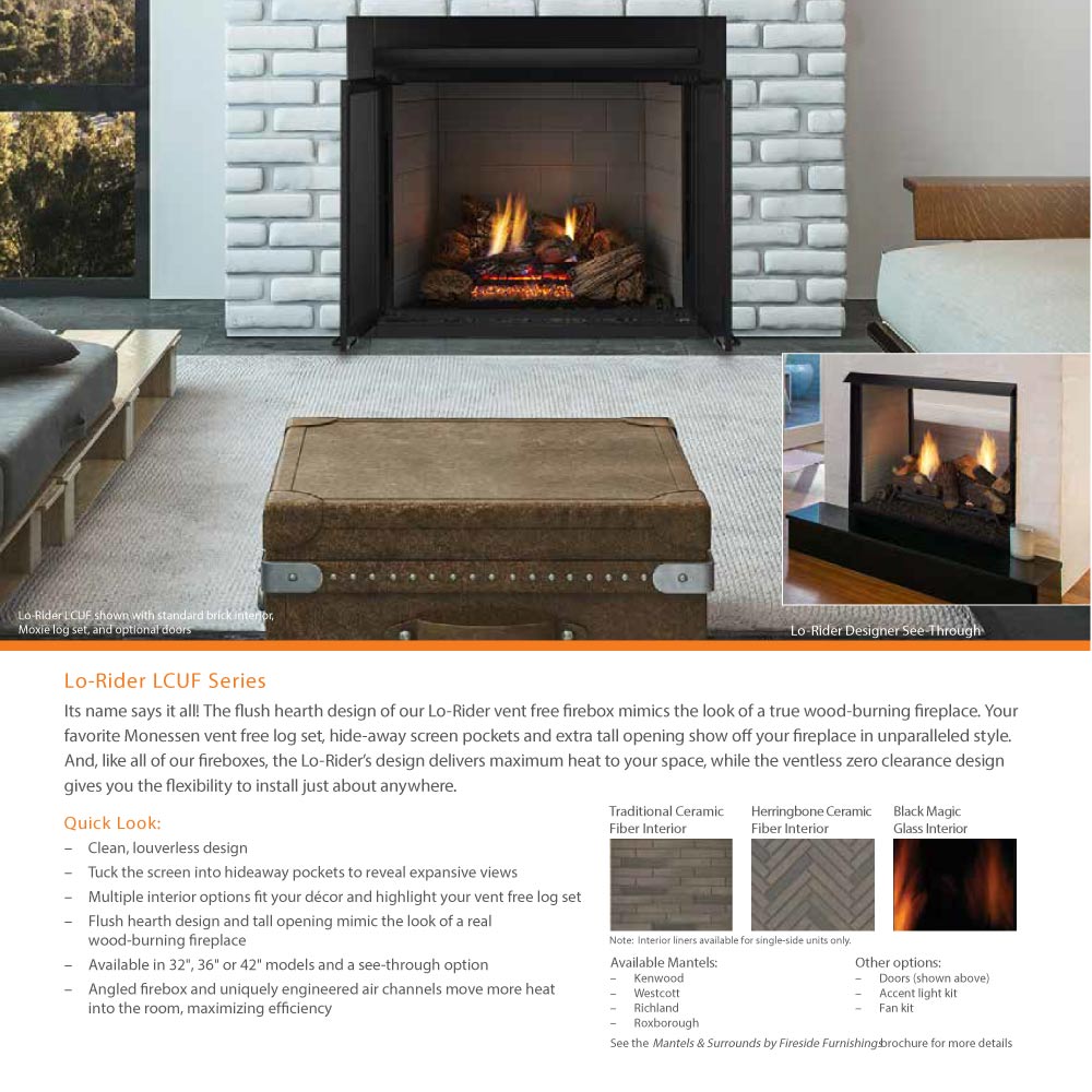 Vent-free fireplace firebox with burning gas logs in a brick surround, with inset view
