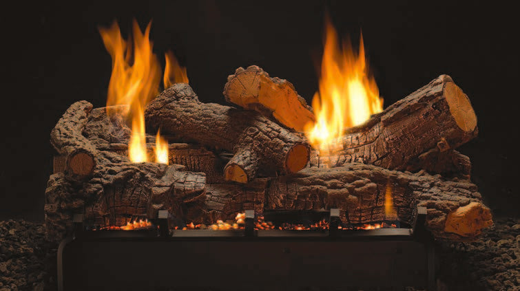 Gas log set with stacked faux logs and flames, dark brown ceramic fiber