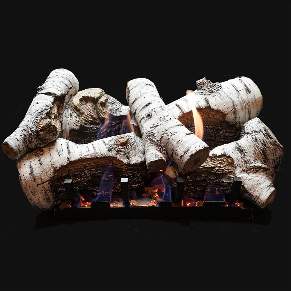 Vented birch-style burncrete fireplace log set with glowing embers and flames