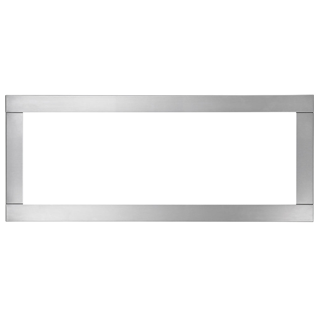 Brushed stainless steel four-sided trim frame with rectangular opening